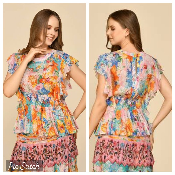 Anthropologie Bhanuni by Joyti embroidered ruffle sleeve beaded top - Picture 2 of 15